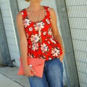 ANTHROPOLOGIE red floral peplum tank top XS